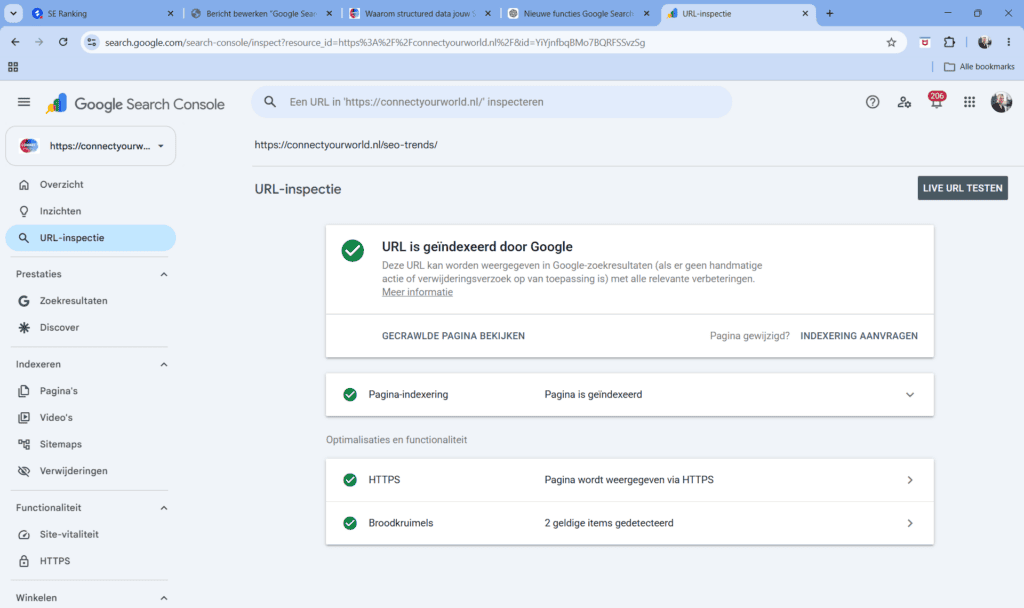 google search console, url inspectie